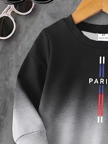 SHEIN 小男孩漸層漸變色 PARIS 字母圖案圓領運動衫與運動長褲套裝 - 彩色 - 查看 6