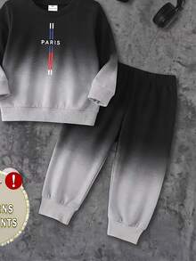 SHEIN 小男孩漸層漸變色 PARIS 字母圖案圓領運動衫與運動長褲套裝 - 彩色 - 查看 4