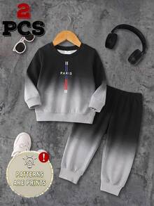 SHEIN 小男孩漸層漸變色 PARIS 字母圖案圓領運動衫與運動長褲套裝 - 彩色 - 查看 3