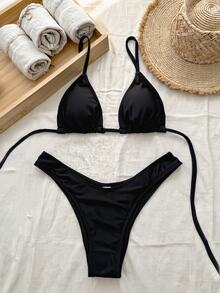 SHEIN Swim Summer Beach Halter Triangle Bikini - Black - View 5