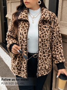 CosyJoli Mantel Lengan Panjang Kasual Sederhana Berbulu Motif Leopard Ukuran Besar untuk Wanita, Musim Dingin - Coklat - View 5