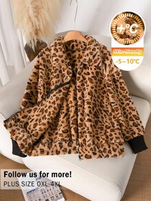 CosyJoli Mantel Lengan Panjang Kasual Sederhana Berbulu Motif Leopard Ukuran Besar untuk Wanita, Musim Dingin - Coklat - View 6