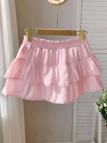 Comfortcana Women's Sweet Romantic Cute Fashion Ruffle Hem Lace Patchwork Skort Brunch Date Night Dusty Pink Autumn - Pink - View 6