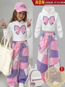 SHEIN Girls (Big) Casual All-Match Versatile Daily Fun Graffiti Pattern Hooded Short Sweatshirt + Denim Look Graffiti Loose Long Pants Set - Multicolor - View 1
