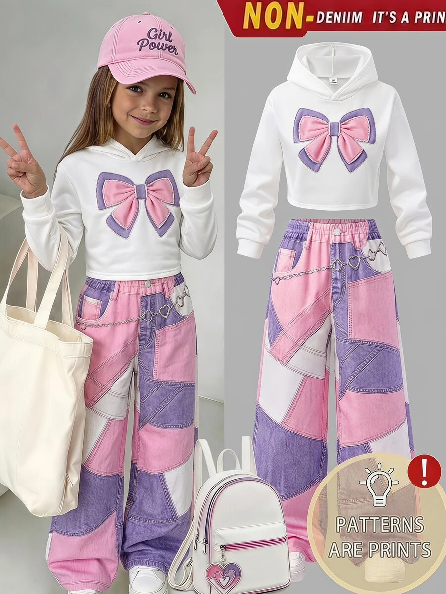 SHEIN Girls (Big) Casual All-Match Versatile Daily Fun Graffiti Pattern Hooded Short Sweatshirt + Denim Look Graffiti Loose Long Pants Set - Multicolor - View 1