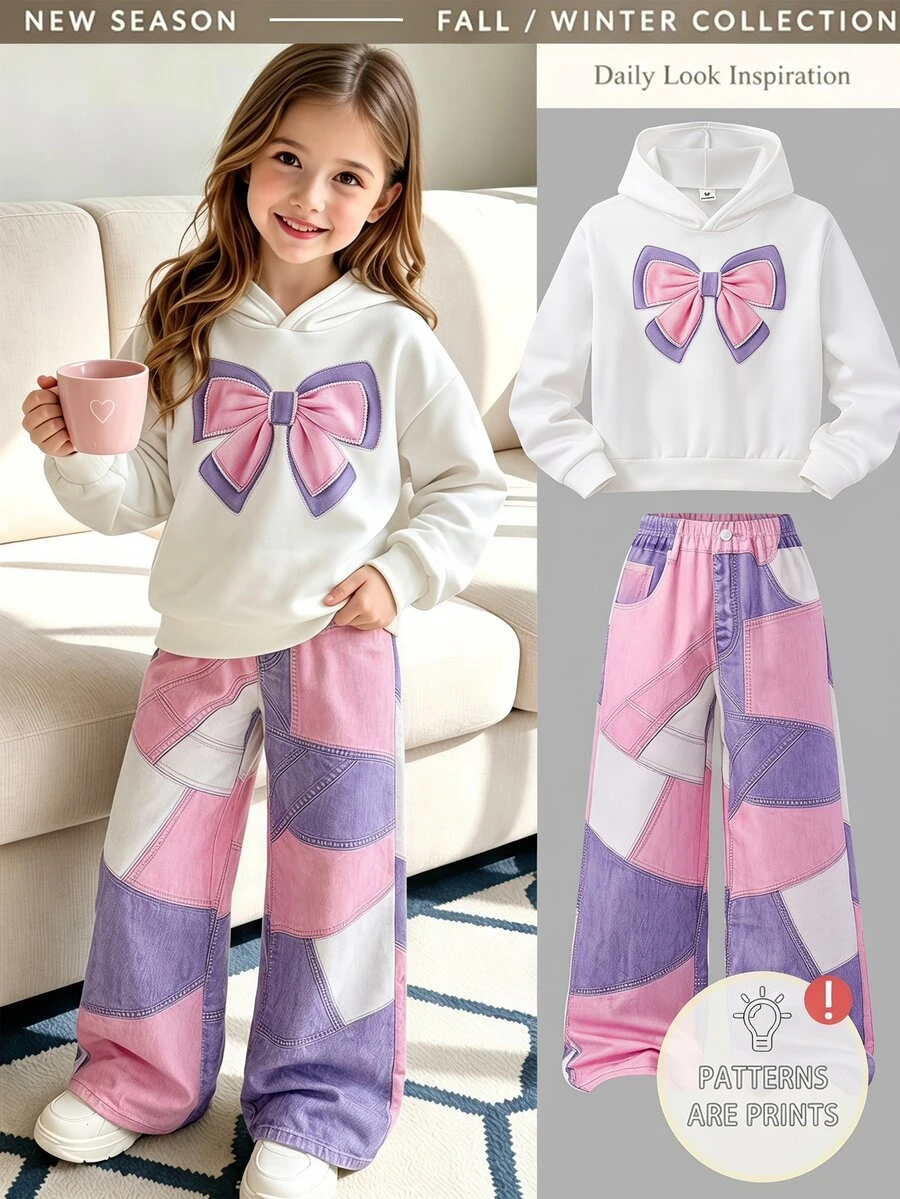 SHEIN Girls (Big) Casual All-Match Versatile Daily Fun Graffiti Pattern Hooded Short Sweatshirt + Denim Look Graffiti Loose Long Pants Set - Multicolor - View 1