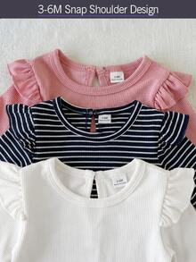SHEIN Playful Pals 3pcs Set Baby Girls Pink And White Striped Autumn Cute Graduation Back To School Soft Stretchy Solid Color Ruffle Trim Long Sleeve Tops For Casual - Black and White - View 4