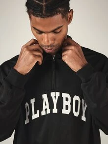 PLAYBOY X SUMWON Varsity Arch Logo Quarter Zip Collared Sweatshirt Oversized Long Sleeve Pullover Top Fall Winter - Black - View 5