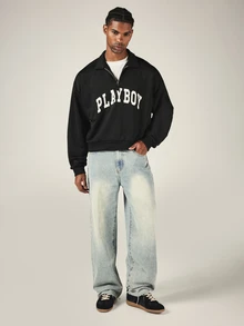 PLAYBOY X SUMWON Varsity Arch Logo Quarter Zip Collared Sweatshirt Oversized Long Sleeve Pullover Top Fall Winter - Black - View 3