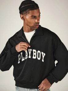 PLAYBOY X SUMWON Varsity Arch Logo Quarter Zip Collared Sweatshirt Oversized Long Sleeve Pullover Top Fall Winter - Black - View 1