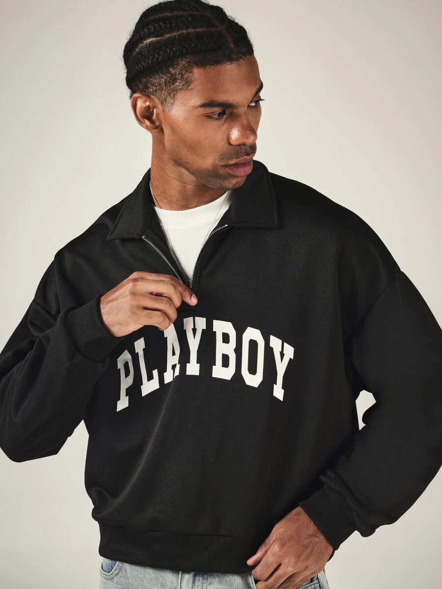 PLAYBOY X SUMWON Varsity Arch Logo Quarter Zip Collared Sweatshirt Oversized Long Sleeve Pullover Top Fall Winter - Black - View 1