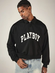 PLAYBOY X SUMWON Varsity Arch Logo Quarter Zip Collared Sweatshirt Oversized Long Sleeve Pullover Top Fall Winter - Black - View 4