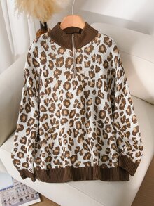 CosyJoli Sweater Lengan Panjang Wanita Ukuran Besar Motif Leopard Kasual Serbaguna untuk Pemakaian Sehari-hari di Musim Dingin - MultiWarna - View 5