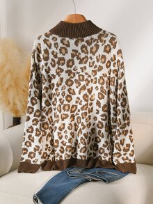 CosyJoli Sweater Lengan Panjang Wanita Ukuran Besar Motif Leopard Kasual Serbaguna untuk Pemakaian Sehari-hari di Musim Dingin - MultiWarna - View 3