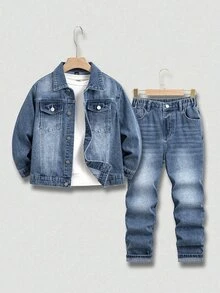 Mirajuku 青少年男孩牛仔兩件套套裝，藍色，秋季，街頭生活休閒韓系圖案街頭時尚，學校假期，開學季，牛仔夾克套裝 - 中等水洗藍 - 查看 4