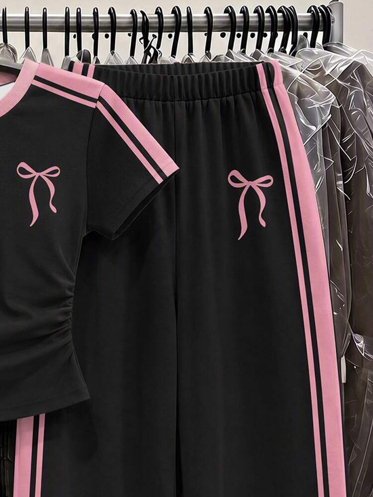 Vintage Sweet Dopamine Style Black & Cream Pink Contrast Color Sporty, BM Ballet Style Bow Pattern, Tween Girls T-Shirt & Long Pants Knit Two Pieces Set Casual Daily Fashion Versatile, Daily Commute, Date, Party, Autumn/Winter, Party, Beach, Graduation, Fashion, Casual, Outing, Vacation - White - View 7