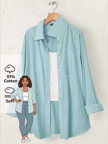 Rusticease Plus Size Long Sleeve Casual Striped Shirt, Fall Women - Mint Blue - View 1