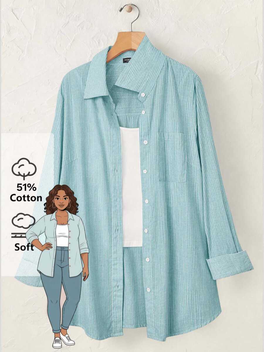 Rusticease Plus Size Long Sleeve Casual Striped Shirt, Fall Women - Mint Blue - View 1