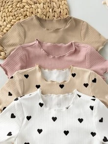SHEIN 4pcs Newborn Baby Girl Cute Knitted Rabbit & Ditsy Floral Short Sleeve Bodysuit Set, Summer Graphic Neutral - Multicolor - View 2
