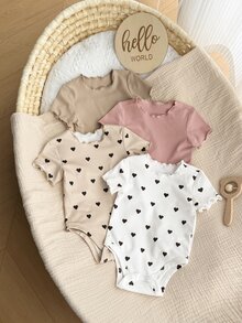 SHEIN 4pcs Newborn Baby Girl Cute Knitted Rabbit & Ditsy Floral Short Sleeve Bodysuit Set, Summer Graphic Neutral - Multicolor - View 9
