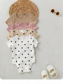 SHEIN 4pcs Newborn Baby Girl Cute Knitted Rabbit & Ditsy Floral Short Sleeve Bodysuit Set, Summer Graphic Neutral - Multicolor - View 1