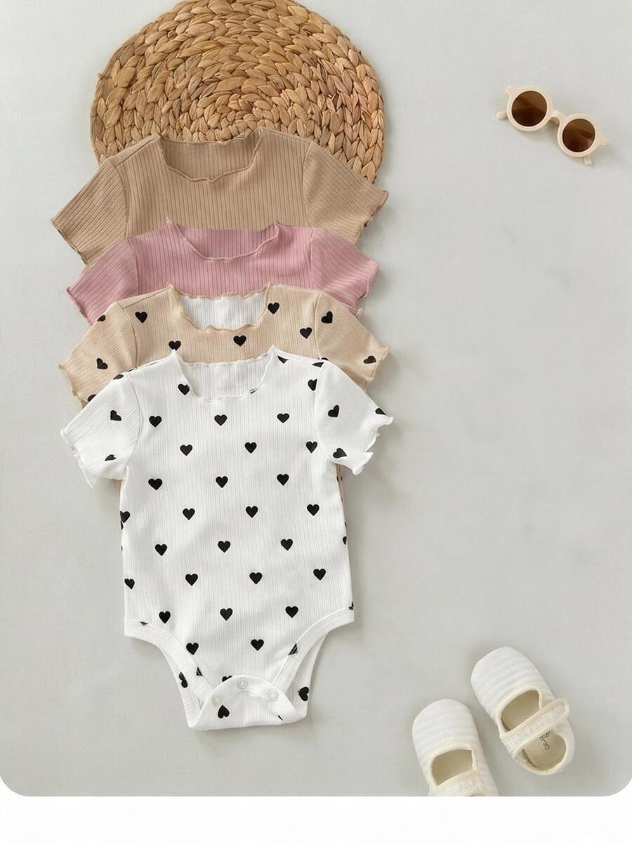 SHEIN 4pcs Newborn Baby Girl Cute Knitted Rabbit & Ditsy Floral Short Sleeve Bodysuit Set, Summer Graphic Neutral - Multicolor - View 1