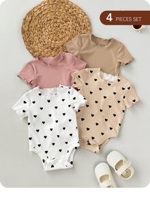 SHEIN 4pcs Newborn Baby Girl Cute Knitted Rabbit & Ditsy Floral Short Sleeve Bodysuit Set, Summer Graphic Neutral - Multicolor - View 10