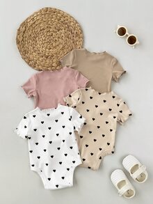 SHEIN 4pcs Newborn Baby Girl Cute Knitted Rabbit & Ditsy Floral Short Sleeve Bodysuit Set, Summer Graphic Neutral - Multicolor - View 8