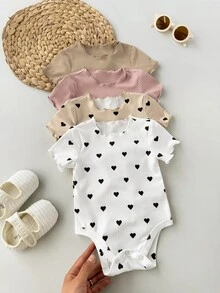 SHEIN 4pcs Newborn Baby Girl Cute Knitted Rabbit & Ditsy Floral Short Sleeve Bodysuit Set, Summer Graphic Neutral - Multicolor - View 4