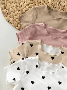SHEIN 4pcs Newborn Baby Girl Cute Knitted Rabbit & Ditsy Floral Short Sleeve Bodysuit Set, Summer Graphic Neutral - Multicolor - View 7