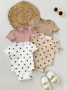 SHEIN 4pcs Newborn Baby Girl Cute Knitted Rabbit & Ditsy Floral Short Sleeve Bodysuit Set, Summer Graphic Neutral - Multicolor - View 3