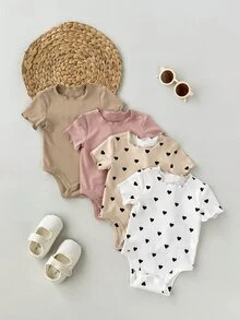 SHEIN 4pcs Newborn Baby Girl Cute Knitted Rabbit & Ditsy Floral Short Sleeve Bodysuit Set, Summer Graphic Neutral - Multicolor - View 5