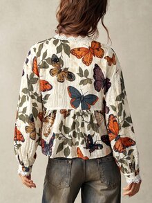 Bohemela Women's Deep V-Neck Butterfly Print Casual Versatile Daily Outing Blouse - Apricot - View 2