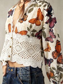 Bohemela Women's Deep V-Neck Butterfly Print Casual Versatile Daily Outing Blouse - Apricot - View 7