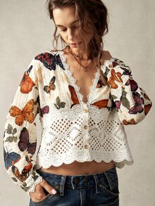 Bohemela Women's Deep V-Neck Butterfly Print Casual Versatile Daily Outing Blouse - Apricot - View 3