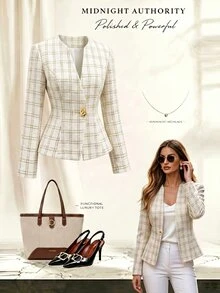 Yalmera Tweed Musim Dingin Wanita Tenun Halus Elegan Bermotif Kotak-kotak - Putih - View 4