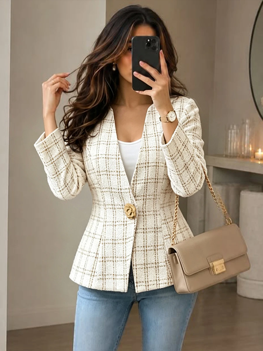 Yalmera Ladies' Fine-Woven Elegant Checked Winter Tweed - White - View 1