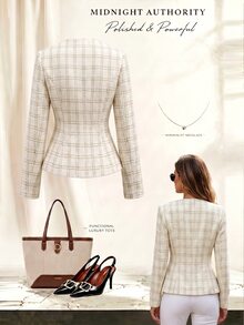 Yalmera Tweed Musim Dingin Wanita Tenun Halus Elegan Bermotif Kotak-kotak - Putih - View 2