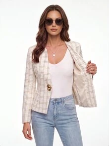 Yalmera Tweed Musim Dingin Wanita Tenun Halus Elegan Bermotif Kotak-kotak - Putih - View 7