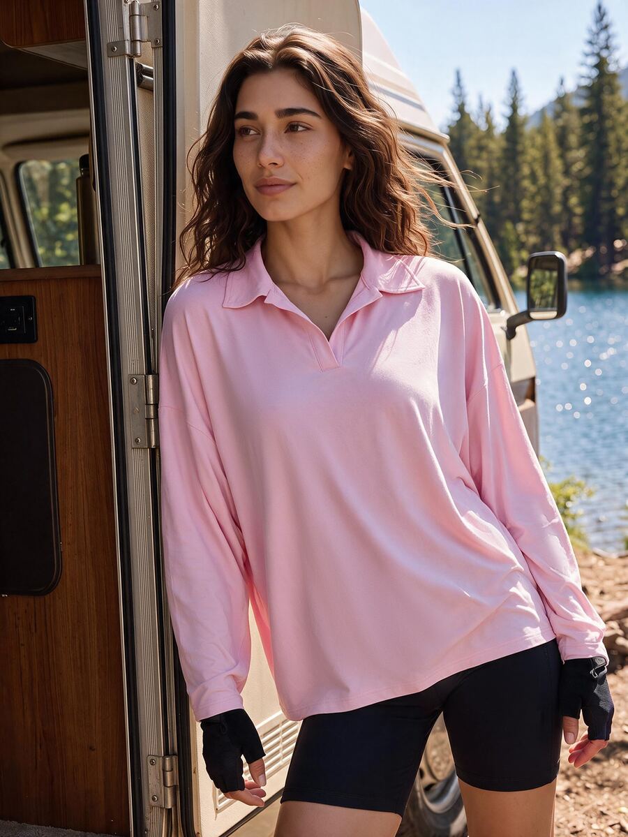 Exploreva Women's Solid Color Casual Versatile Daily Outdoor Long Sleeve T-Shirt - Dusty Pink - View 1