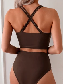 Oceva Beach Resort Ruched Halter Neck Tankini Swimwear Set, Slimming - Coffee Brown - View 2