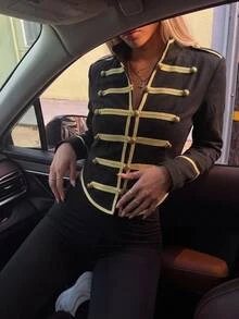 SHEIN ICON Autumn Y2k Vintage 70s Retro Techno Women's Halloween Black Napoleon Gold Woven Trim Button Contrast Color Long Sleeve Jacket Night Out Concert Club - Black - View 3