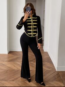 SHEIN ICON Autumn Y2k Vintage 70s Retro Techno Women's Halloween Black Napoleon Gold Woven Trim Button Contrast Color Long Sleeve Jacket Night Out Concert Club - Black - View 5