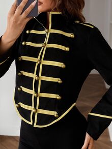 SHEIN ICON Autumn Y2k Vintage 70s Retro Techno Women's Halloween Black Napoleon Gold Woven Trim Button Contrast Color Long Sleeve Jacket Night Out Concert Club - Black - View 11
