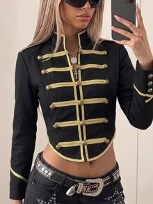 SHEIN ICON Autumn Y2k Vintage 70s Retro Techno Women's Halloween Black Napoleon Gold Woven Trim Button Contrast Color Long Sleeve Jacket Night Out Concert Club - Black - View 8