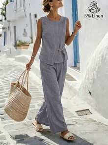 Breezaya Women's Casual Asymmetric Design Sleeveless Shirt And Pleated Button Decorated Wide Leg Pants 2 Pieces Set, Spring/Summer - Grey - View 7