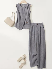 Breezaya Women's Casual Asymmetric Design Sleeveless Shirt And Pleated Button Decorated Wide Leg Pants 2 Pieces Set, Spring/Summer - Grey - View 3