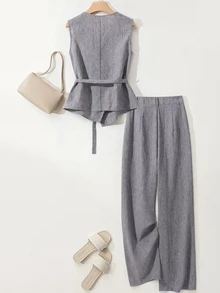 Breezaya Women's Casual Asymmetric Design Sleeveless Shirt And Pleated Button Decorated Wide Leg Pants 2 Pieces Set, Spring/Summer - Grey - View 2