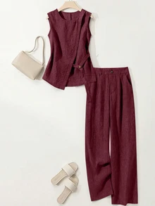 Breezaya Women's Asymmetric Design Sleeveless Shirt And Pleated Button Decor Wide Leg Pants 2-Piece Set, Casual And Comfortable For Spring/Summer Commuting - Burgundy - View 5