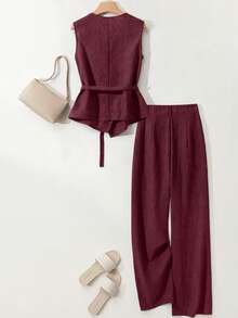 Breezaya Women's Asymmetric Design Sleeveless Shirt And Pleated Button Decor Wide Leg Pants 2-Piece Set, Casual And Comfortable For Spring/Summer Commuting - Burgundy - View 2